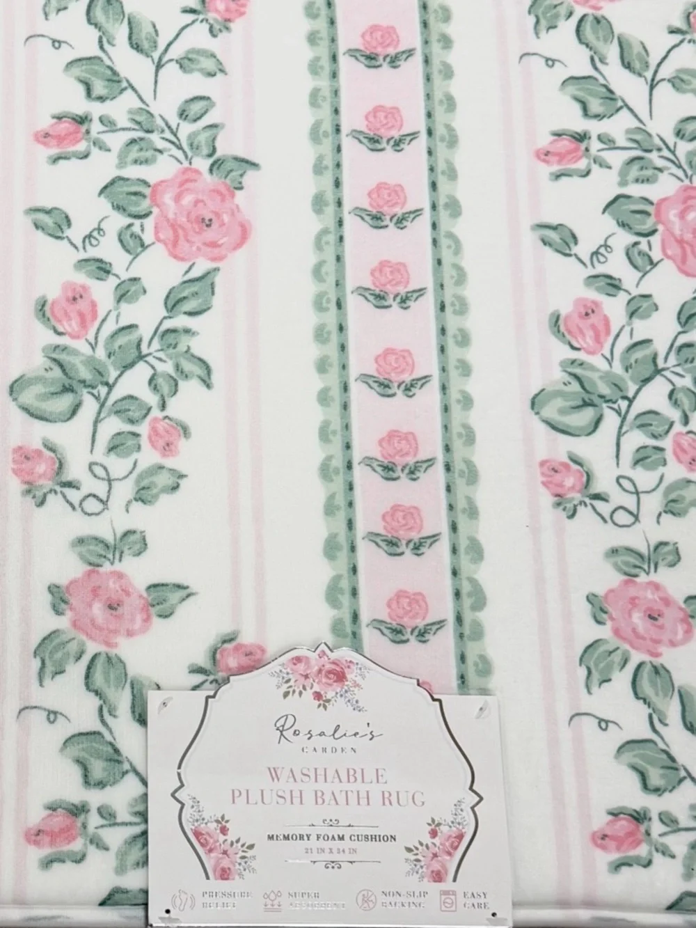 Feminine Floral Stripe Quilted PLUSH Bath Rug - Pink and Green